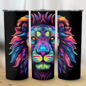 Colorful Neon Lion 20 oz Skinny Tumbler Sublimation Design, Straight And Tapered Tumbler Wrap, Template, Instant Digital Download PNG