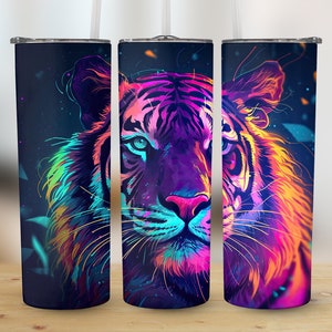 Colorful Neon Tiger 20 oz Skinny Tumbler Sublimation Design, Straight And Tapered Tumbler Wrap, Template, Instant Digital Download PNG