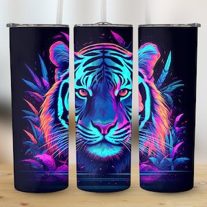 Colorful Neon Tiger 20 oz Skinny Tumbler Sublimation Design, Straight And Tapered Tumbler Wrap, Template, Instant Digital Download PNG
