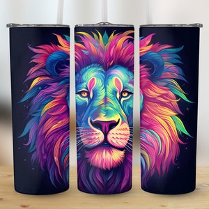 Colorful Neon Lion 20 oz Skinny Tumbler Sublimation Design, Straight And Tapered Tumbler Wrap, Template, Instant Digital Download PNG