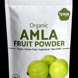 May include: A white pouch with a green label that reads "Organic AMLA FRUIT POWDER Vegan Gluten-Free Superfood Non-GMO" and a USDA Organic seal. The pouch contains 4 ounces (113 grams) of amla fruit powder.