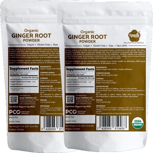 May include: Two brown pouches of organic ginger root powder. The front of each pouch features a product description, ingredients, supplement facts, and a USDA organic seal. The pouches are labeled "Organic Ginger Root Powder" and "Vegan, Gluten-Free, Raw".