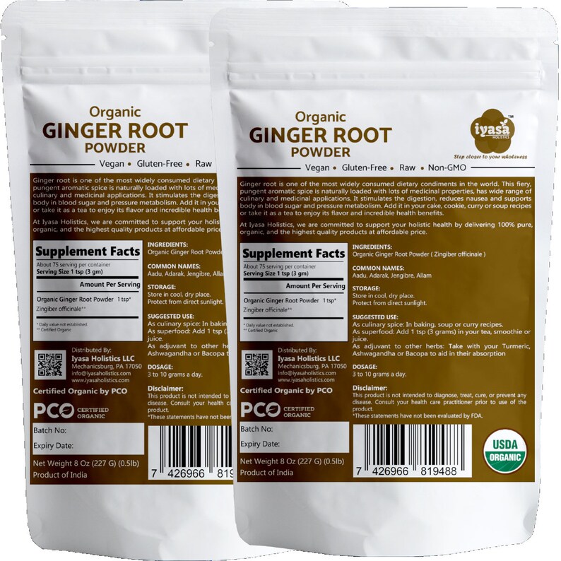 May include: Two brown pouches of organic ginger root powder. The front of each pouch features a product description, ingredients, supplement facts, and a USDA organic seal. The pouches are labeled "Organic Ginger Root Powder" and "Vegan, Gluten-Free, Raw".