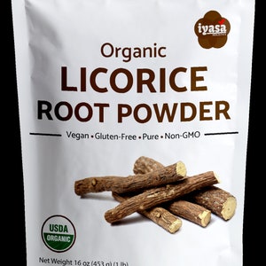 May include: A white resealable bag with a brown label that reads "Organic Licorice Root Powder". The label also includes the text "Vegan. Gluten-Free. Pure. Non-GMO" and a USDA Organic seal. The bag contains 16 ounces (453 grams) of licorice root powder.