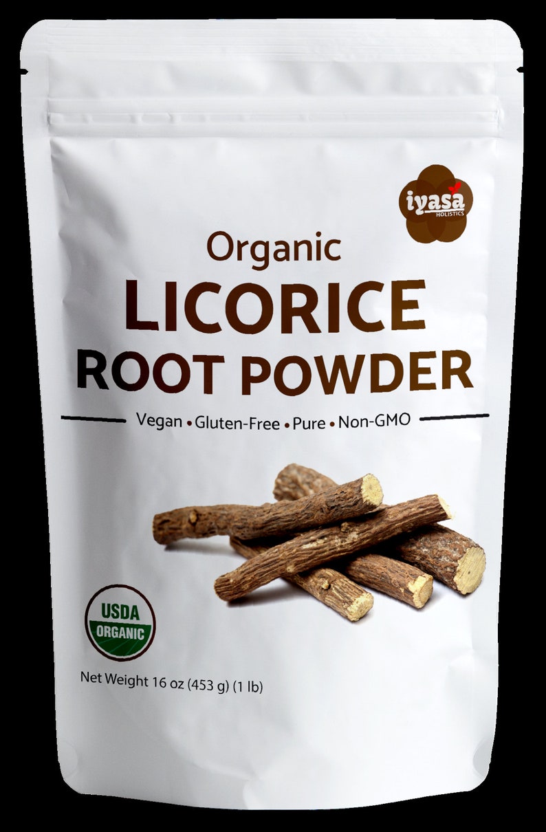 May include: A white resealable bag with a brown label that reads "Organic Licorice Root Powder". The label also includes the text "Vegan. Gluten-Free. Pure. Non-GMO" and a USDA Organic seal. The bag contains 16 ounces (453 grams) of licorice root powder.