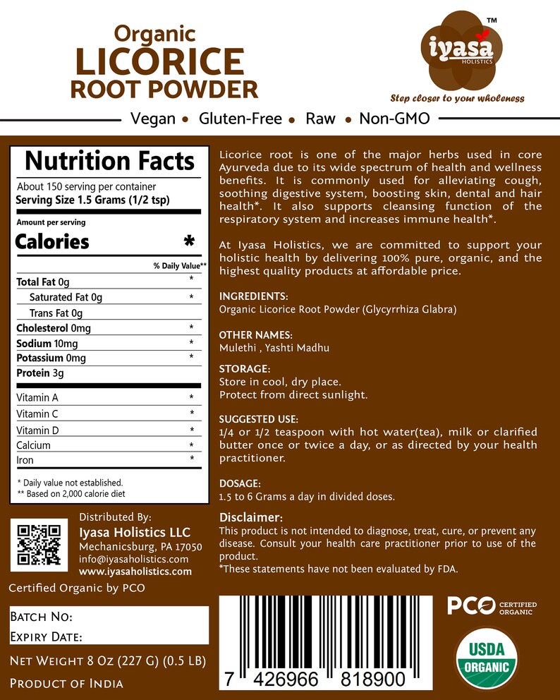 May include: A brown and white label for organic licorice root powder. The label features the product name, ingredients, and nutritional information. It also includes a USDA Organic seal and a PCO Certified Organic seal.