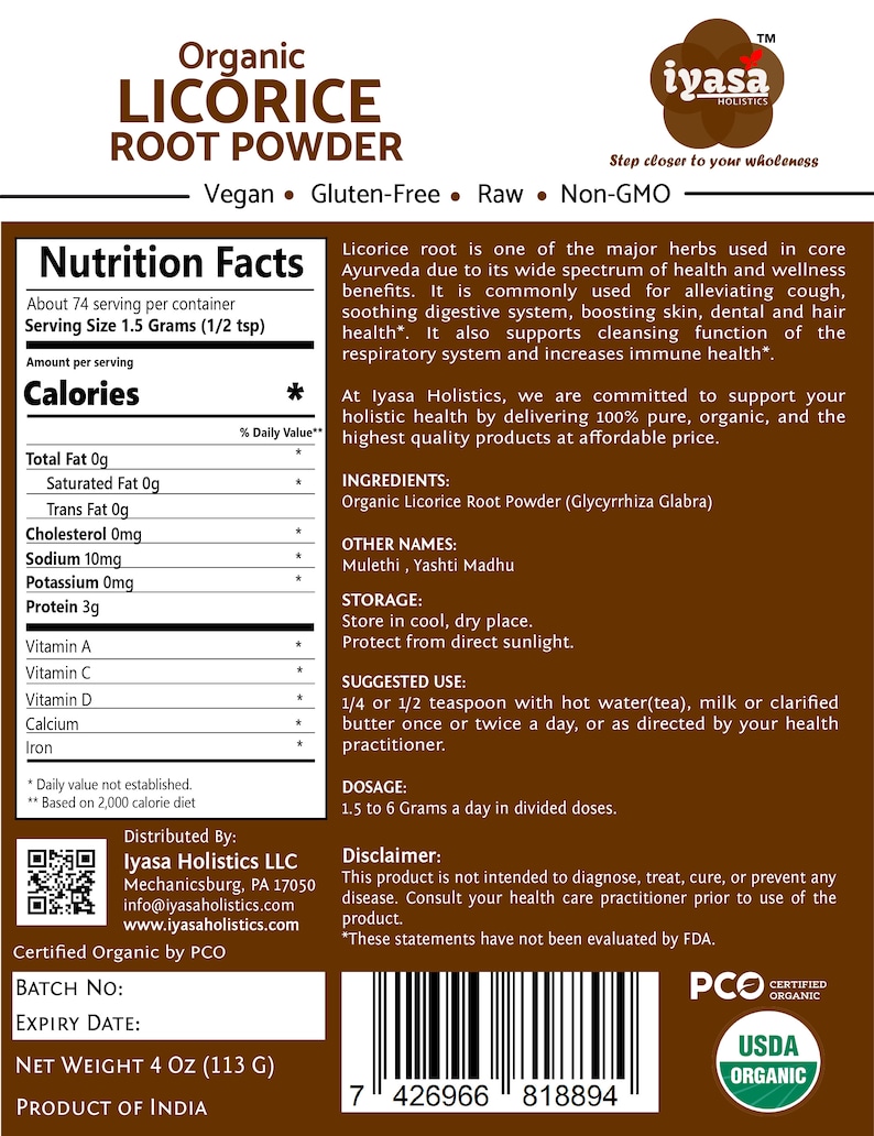 May include: A brown and white label for organic licorice root powder. The label features a nutrition facts table, ingredients, storage instructions, and suggested use. The label also includes the USDA Organic seal and a PCO Certified Organic seal.