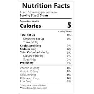 May include: Nutrition Facts label for a food product with a serving size of 2 grams. The label shows that the product contains 5 calories per serving and is low in fat, sodium, and carbohydrates. The label also lists the amount of vitamins and minerals per serving.