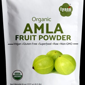 May include: A white bag with a green USDA Organic seal and a green and white label that reads "Organic Amla Fruit Powder - Vegan Gluten-Free Superfood Raw Non-GMO -" with a green logo that reads "iyasa HOLISTICS" and a picture of three green amla fruits. The bag contains 8 ounces (227 grams) of powder.