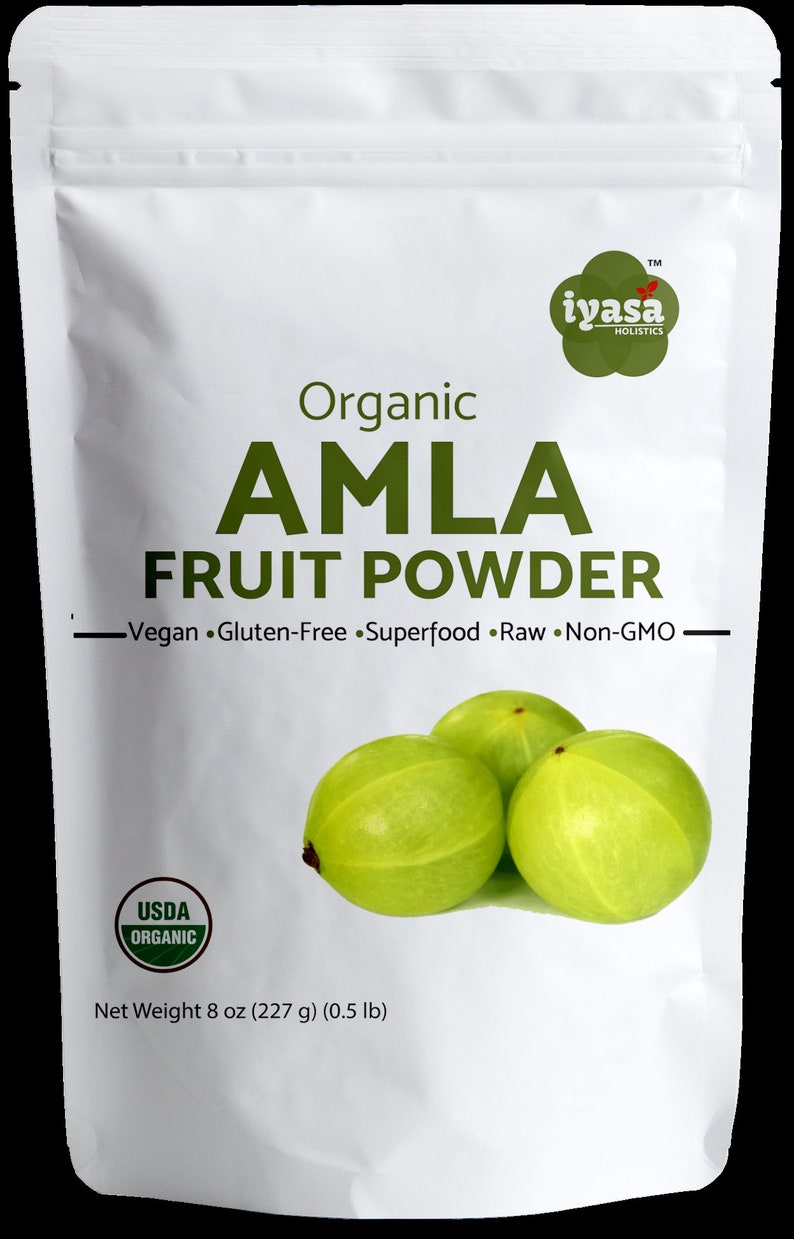 May include: A white bag with a green USDA Organic seal and a green and white label that reads "Organic Amla Fruit Powder - Vegan Gluten-Free Superfood Raw Non-GMO -" with a green logo that reads "iyasa HOLISTICS" and a picture of three green amla fruits. The bag contains 8 ounces (227 grams) of powder.