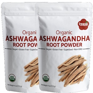 May include: Two white pouches of organic Ashwagandha root powder, each with a USDA Organic seal and a net weight of 4 ounces (113 grams). The pouches feature a close-up image of the dried root and the text "Organic Ashwagandha Root Powder" in bold, red lettering.