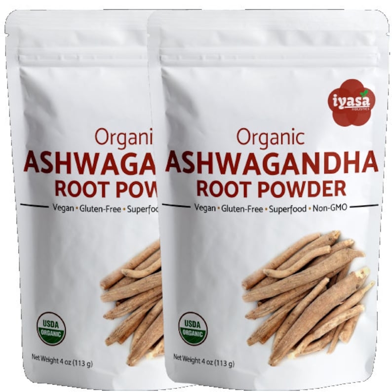 May include: Two white pouches of organic Ashwagandha root powder, each with a USDA Organic seal and a net weight of 4 ounces (113 grams). The pouches feature a close-up image of the dried root and the text "Organic Ashwagandha Root Powder" in bold, red lettering.