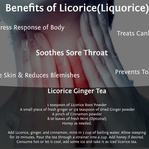 May include: A graphic with a list of benefits of licorice root, including soothing sore throats, improving stress response, and preventing tooth decay. The graphic also includes a recipe for licorice ginger tea, with a photo of a bag of organic licorice root powder.