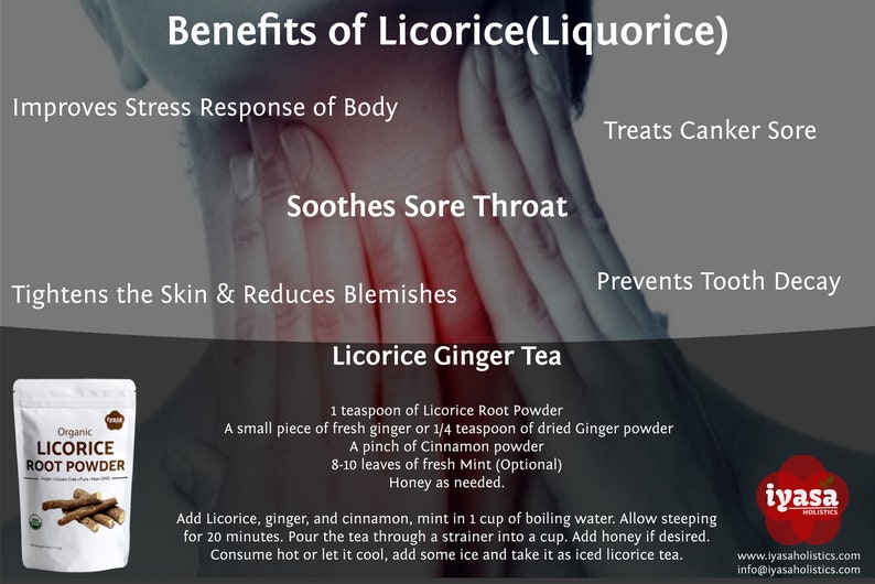 May include: A graphic with a list of benefits of licorice root, including soothing sore throats, improving stress response, and preventing tooth decay. The graphic also includes a recipe for licorice ginger tea, with a photo of a bag of organic licorice root powder.