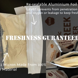 May include: A close-up of a white resealable pouch with a brown powder inside. The pouch is labeled "FRESHNESS GUARANTEED" and has a text description that reads "Re-sealable Aluminium Foil Outer Layer (prevents from penetration of moisture and oxygen or leakage to keep freshness, flavor)". The pouch is made from 100% recyclable material and is 51 microns thick.
