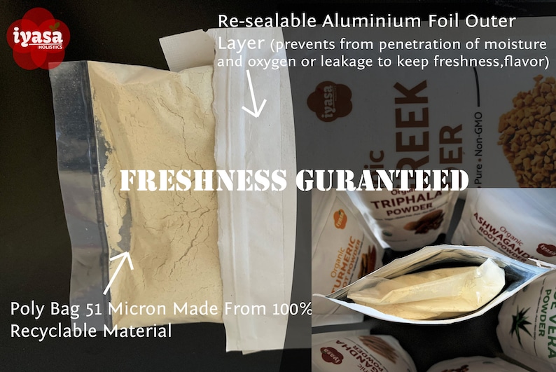 May include: A close-up of a white resealable pouch with a brown powder inside. The pouch is labeled "FRESHNESS GUARANTEED" and has a text description that reads "Re-sealable Aluminium Foil Outer Layer (prevents from penetration of moisture and oxygen or leakage to keep freshness, flavor)". The pouch is made from 100% recyclable material and is 51 microns thick.