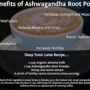 May include: Benefits of Ashwagandha Root Powder, a natural supplement that can help reduce cortisol levels, anxiety, and stress, boost testosterone, increase fertility, and reduce inflammation. A recipe for a sleep tonic latte is included, using 1 cup of organic almond milk, 1 teaspoon of Ashwagandha Root Powder, honey, vanilla extract, and a pinch of holiday spices.