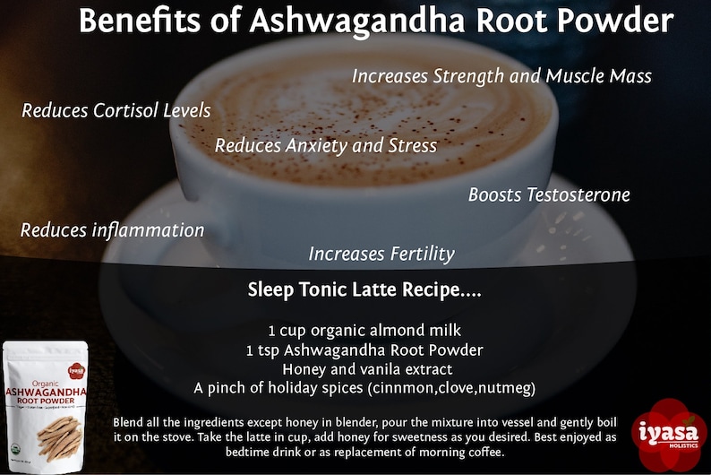 May include: Benefits of Ashwagandha Root Powder, a natural supplement that can help reduce cortisol levels, anxiety, and stress, boost testosterone, increase fertility, and reduce inflammation. A recipe for a sleep tonic latte is included, using 1 cup of organic almond milk, 1 teaspoon of Ashwagandha Root Powder, honey, vanilla extract, and a pinch of holiday spices.