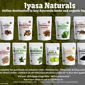 May include: A collage of 16 different organic powder products in individual pouches. The pouches are labeled with the name of the herb or superfood, such as Ashwagandha Root Powder, Moringa Leaf Powder, and Wheat Grass Powder. The products are available for purchase on Amazon, Amazon.Ca, Ebay, Etsy, or directly from the company. The company's website and Facebook page are also listed.