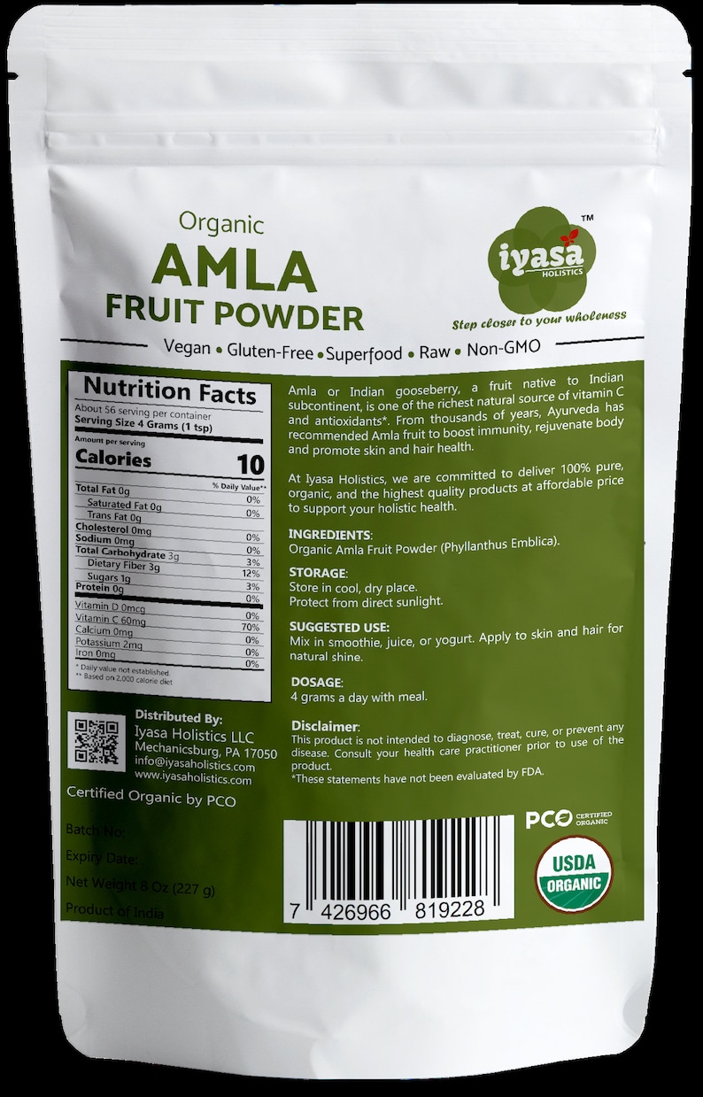 May include: A green and white pouch of organic Amla fruit powder. The front of the pouch features the product name, a nutrition facts label, and a description of the product. The back of the pouch features a barcode, the company logo, and a disclaimer.