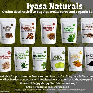 May include: A collage of 16 different organic powder products in individual pouches. The pouches are labeled with the name of the herb or superfood, such as Ashwagandha Root Powder, Moringa Leaf Powder, and Wheat Grass Powder. The products are available for purchase on Amazon, Amazon.Ca, Ebay, Etsy, or directly from the company. The company's website and Facebook page are also listed.