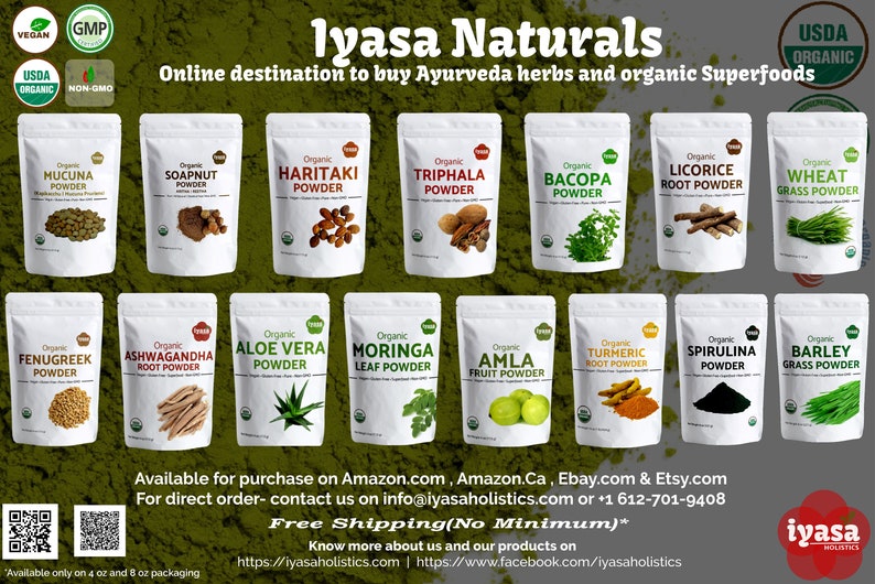 May include: A collage of 16 different organic powder products in individual pouches. The pouches are labeled with the name of the herb or superfood, such as Ashwagandha Root Powder, Moringa Leaf Powder, and Wheat Grass Powder. The products are available for purchase on Amazon, Amazon.Ca, Ebay, Etsy, or directly from the company. The company's website and Facebook page are also listed.