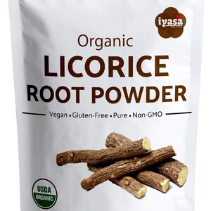 May include: A white bag with a brown label that says "Organic Licorice Root Powder". The bag is filled with licorice root powder. The label also says "Vegan, Gluten-Free, Pure, Non-GMO" and has a USDA Organic seal. The bag is 8 ounces (227 grams) and is 0.5 pounds.