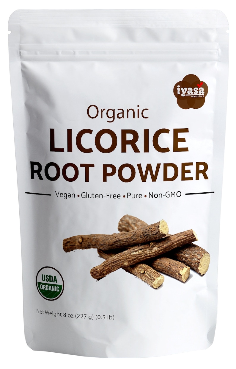 May include: A white bag with a brown label that says "Organic Licorice Root Powder". The bag is filled with licorice root powder. The label also says "Vegan, Gluten-Free, Pure, Non-GMO" and has a USDA Organic seal. The bag is 8 ounces (227 grams) and is 0.5 pounds.