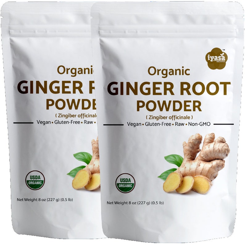 May include: Two white pouches of organic ginger root powder. Each pouch has a USDA Organic seal and a net weight of 8 ounces (227 grams). The pouches feature a close-up image of fresh ginger root.