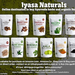May include: A collage of 16 different organic powder products in individual pouches. The pouches are labeled with the name of the herb or superfood, such as Ashwagandha Root Powder, Moringa Leaf Powder, and Wheat Grass Powder. The products are available for purchase on Amazon, Amazon.Ca, Ebay, Etsy, or directly from the company. The company's website and Facebook page are also listed.