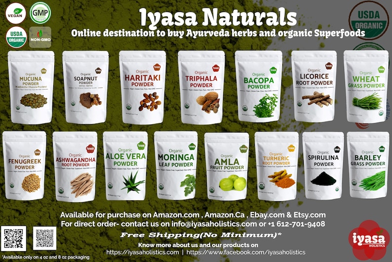May include: A collage of 16 different organic powder products in individual pouches. The pouches are labeled with the name of the herb or superfood, such as Ashwagandha Root Powder, Moringa Leaf Powder, and Wheat Grass Powder. The products are available for purchase on Amazon, Amazon.Ca, Ebay, Etsy, or directly from the company. The company's website and Facebook page are also listed.