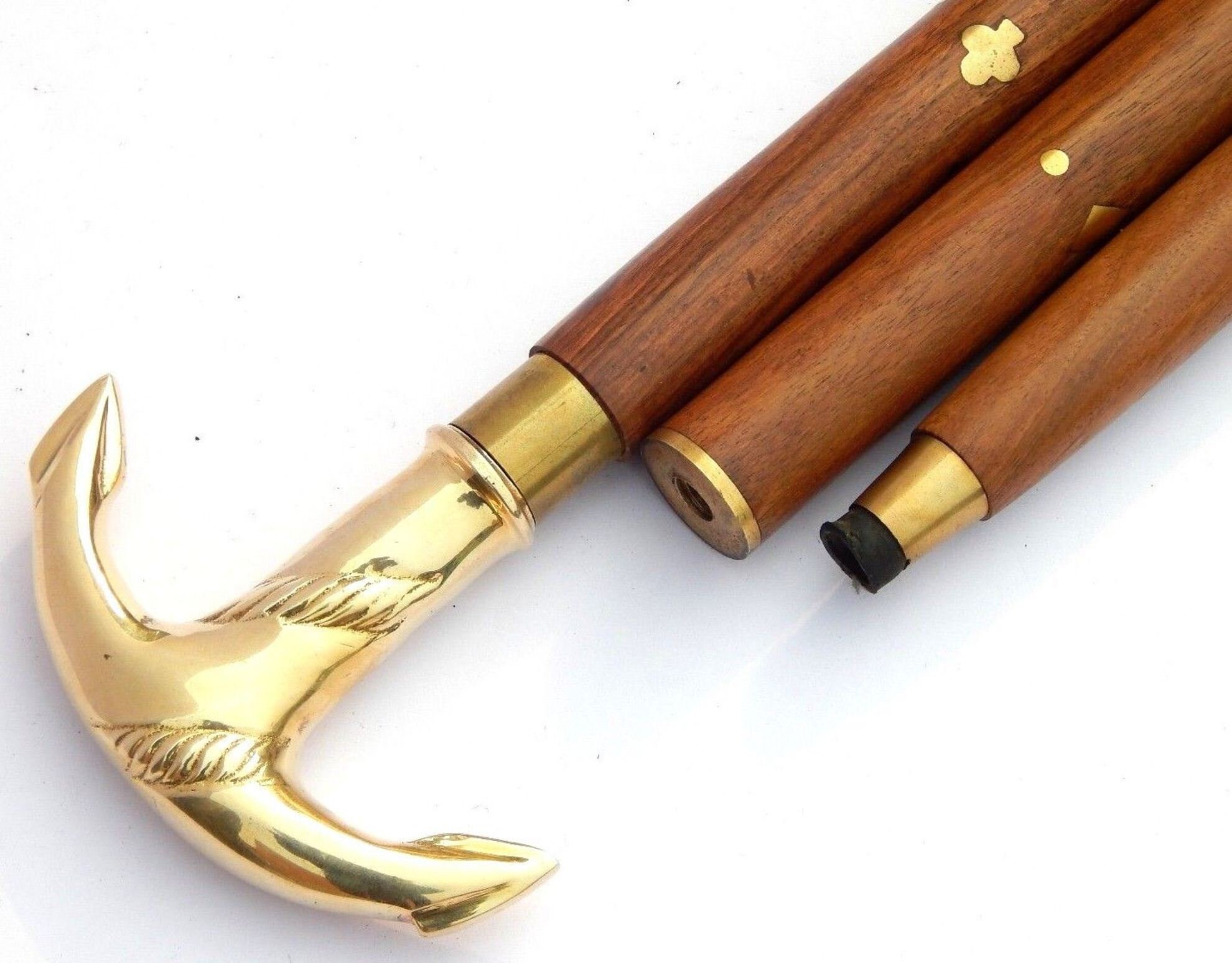 Anchor Head Handle Victorian Wooden Walking Stick Brass Antique Style Solid Cane