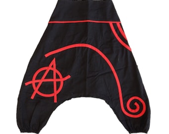 Pantaloni unisex in cotone harem per bambini da 12 mesi a 6 anni logo anarchia nero e rosso ref: 270