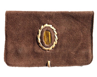 Leather tobacco pouch with labradorite or tiger's eye stone