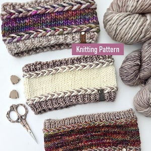 May include: Three knitted headbands in different colour combinations. The headbands are made with a chunky yarn and have a braided edge. The headbands are displayed on a white surface with yarn and other crafting supplies.