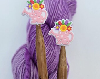 Pink Watering Can Knitting Needle Stoppers: Flower Bouquet Needle Protectors. Notions