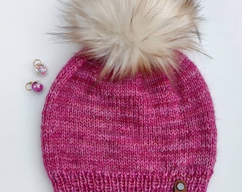 Soft Merino+ Mohair/Silk Adult Hand Knit Hat with Faux Fur Pom Pom. Allure Beanie. Luxury Winter Beanie. Stylish Hat. Knit toque Deep Pink
