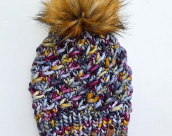Handknit Merino Wool Beanie: Lavender Ombre, Faux Fur Pom  display picture 2