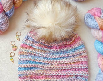Merino Wool Adult Hand Knit Hat with Faux Fur Pom. Colorful Mini Braids Beanie.