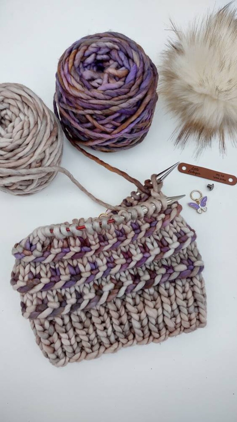 Adult Hand Knit Merino Hat with Faux Fur Pom Pom. Twisted Candy Hat. Soft Warm Winter Hat. Mocha and Purple Colors Knit Hat. Malabrigo Rasta image 5