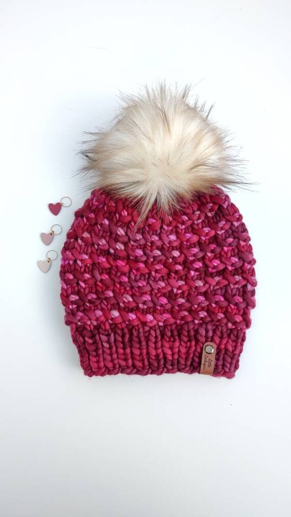 Adult Hand Knit Merino Hat with Faux Fur Pom Pom. Hidden Pearls Hat. Soft and Warm Winter Hat. Deep Red and Pink Colors Hat. Malabrigo Rasta