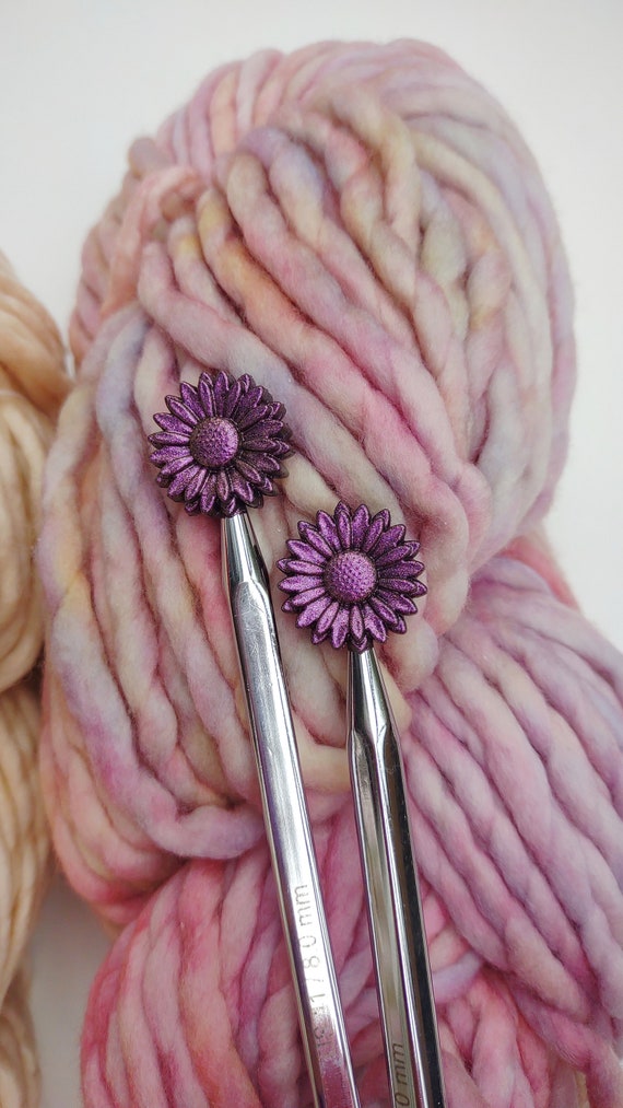 Opal Purple Black Daisy Knitting Needle Stitch Stoppers. Needle