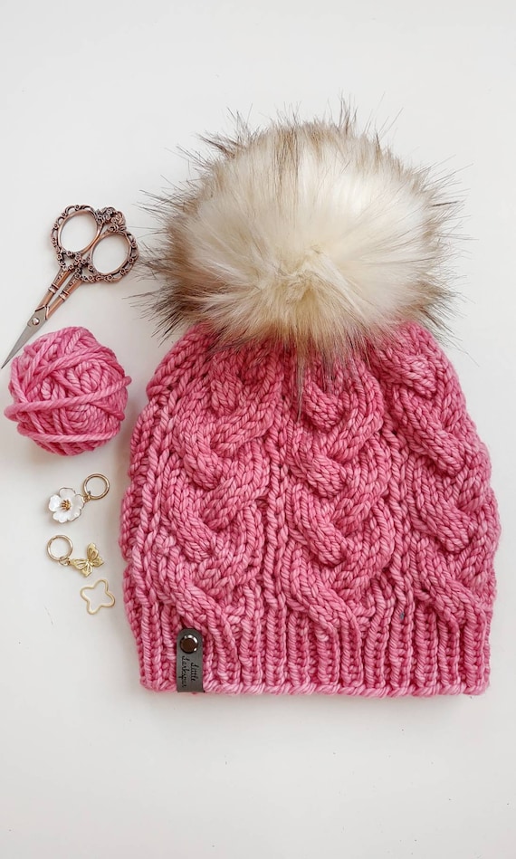 Cabled Pink Handknit Adult Hat with Faux Fur Pom Pom. 100% Merino Wool. Delta Cable Beanie. Super Soft Winter Hat Knit Hat. Malabrigo Chunky