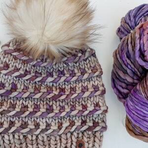 Adult Hand Knit Merino Hat with Faux Fur Pom Pom. Twisted Candy Hat. Soft Warm Winter Hat. Mocha and Purple Colors Knit Hat. Malabrigo Rasta image 3