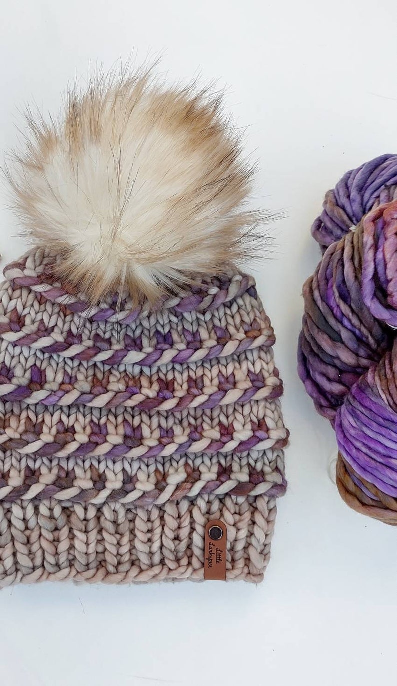 Adult Hand Knit Merino Hat with Faux Fur Pom Pom. Twisted Candy Hat. Soft Warm Winter Hat. Mocha and Purple Colors Knit Hat. Malabrigo Rasta image 3