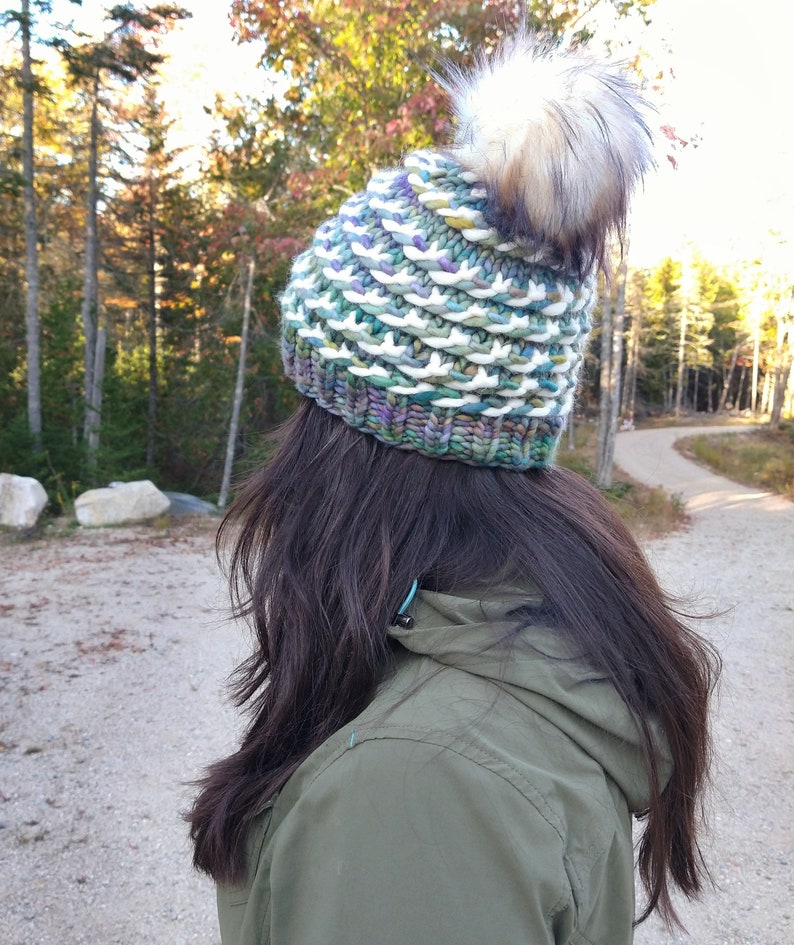 Adult Hand Knit Merino Hat with Faux Fur Pom Pom. Twisted Candy Hat. Soft Warm Winter Hat. Mocha and Purple Colors Knit Hat. Malabrigo Rasta image 4