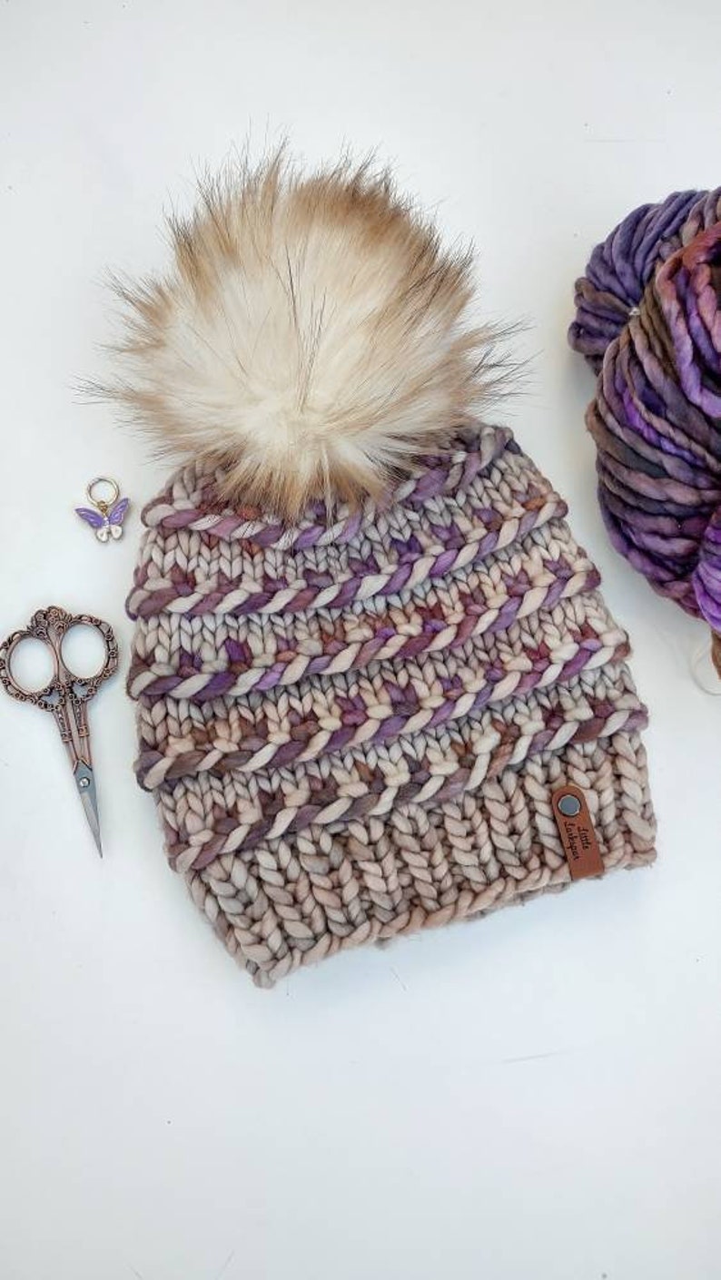 Adult Hand Knit Merino Hat with Faux Fur Pom Pom. Twisted Candy Hat. Soft Warm Winter Hat. Mocha and Purple Colors Knit Hat. Malabrigo Rasta image 2