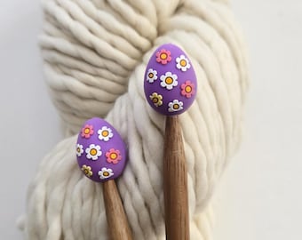 Purple Floral Easter Egg Knitting Needle Protectors. Stitch Stoppers. US 3-15.