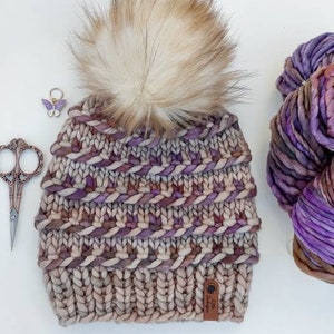Adult Hand Knit Merino Hat with Faux Fur Pom Pom. Twisted Candy Hat. Soft Warm Winter Hat. Mocha and Purple Colors Knit Hat. Malabrigo Rasta image 1
