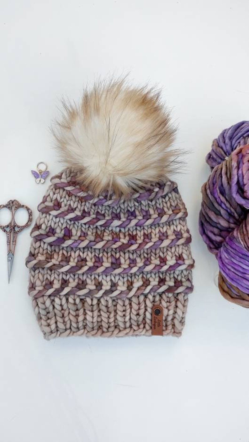 Adult Hand Knit Merino Hat with Faux Fur Pom Pom. Twisted Candy Hat. Soft Warm Winter Hat. Mocha and Purple Colors Knit Hat. Malabrigo Rasta image 1